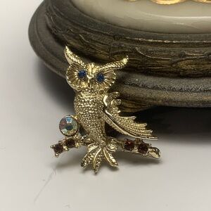 Vintage Gold Owl Brooch with Blue and Red Accents